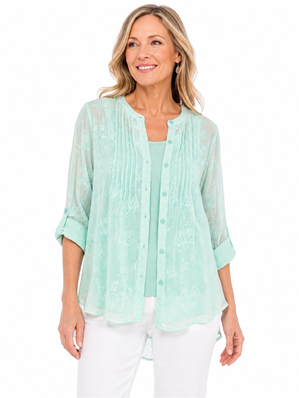 Chico’s Size XL Green Embroidered Sheer Blouse & Tank 2 Piece Set